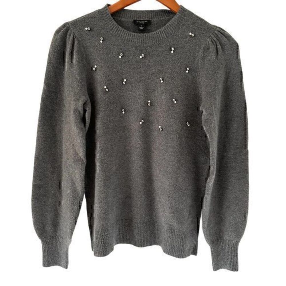Ann Taylor Factory Grey Beaded Soft Pullover Puffed Sleeves Sweater Size SP